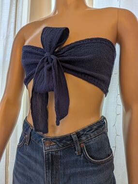 Native Daughters Navy Smocked Tie-Front Strapless Bandeau Crop Top Sz Large
